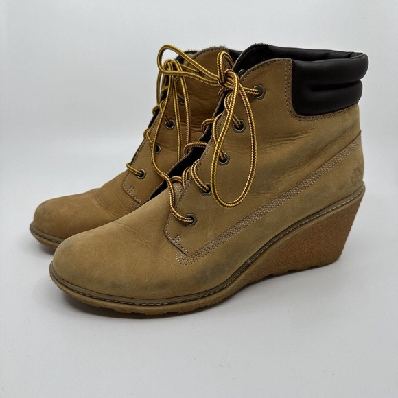TIMBERLAND EARTHKEEPERS Womens 9.5 AMSTON WEDGE‎ BOOTIE Lace Up Tan - Picture 1 of 10